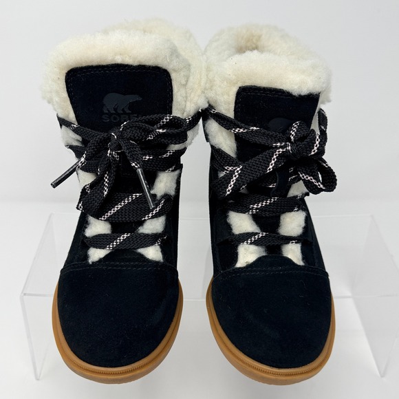 Sorel Women's Ankle Boots Black Suede Shearling Wedge Winter Snow Shoes - Picture 4 of 7